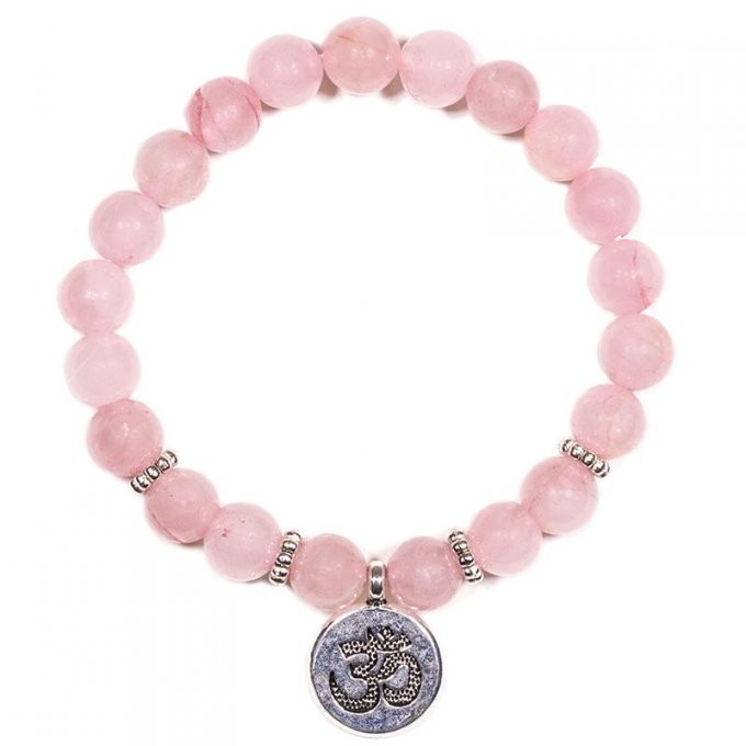 Mala bracelet en quartz rose élastique avec Om