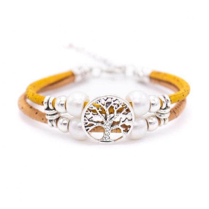 Bracelet liège coloré avec perle et arbre de vie 